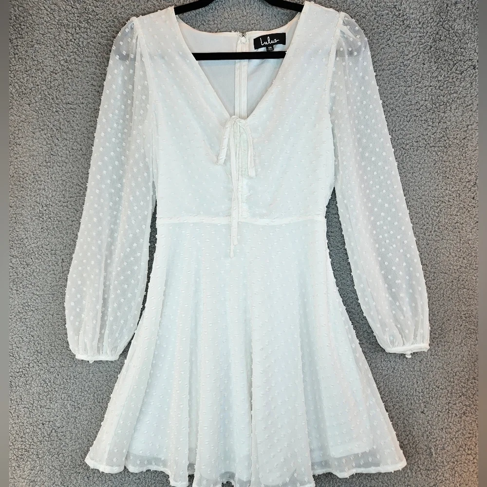 Lulus Womens Wine & Dine White Swiss Dot Mini Dress Sz XS Long Sleeve - Picture 3 of 13